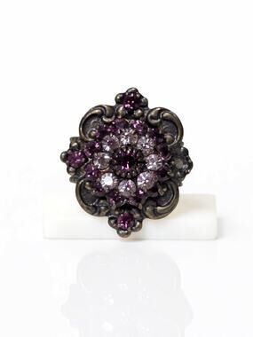 Kenny Ma Purple Distressed Metal Rhinestone Flower Ring Adjustable